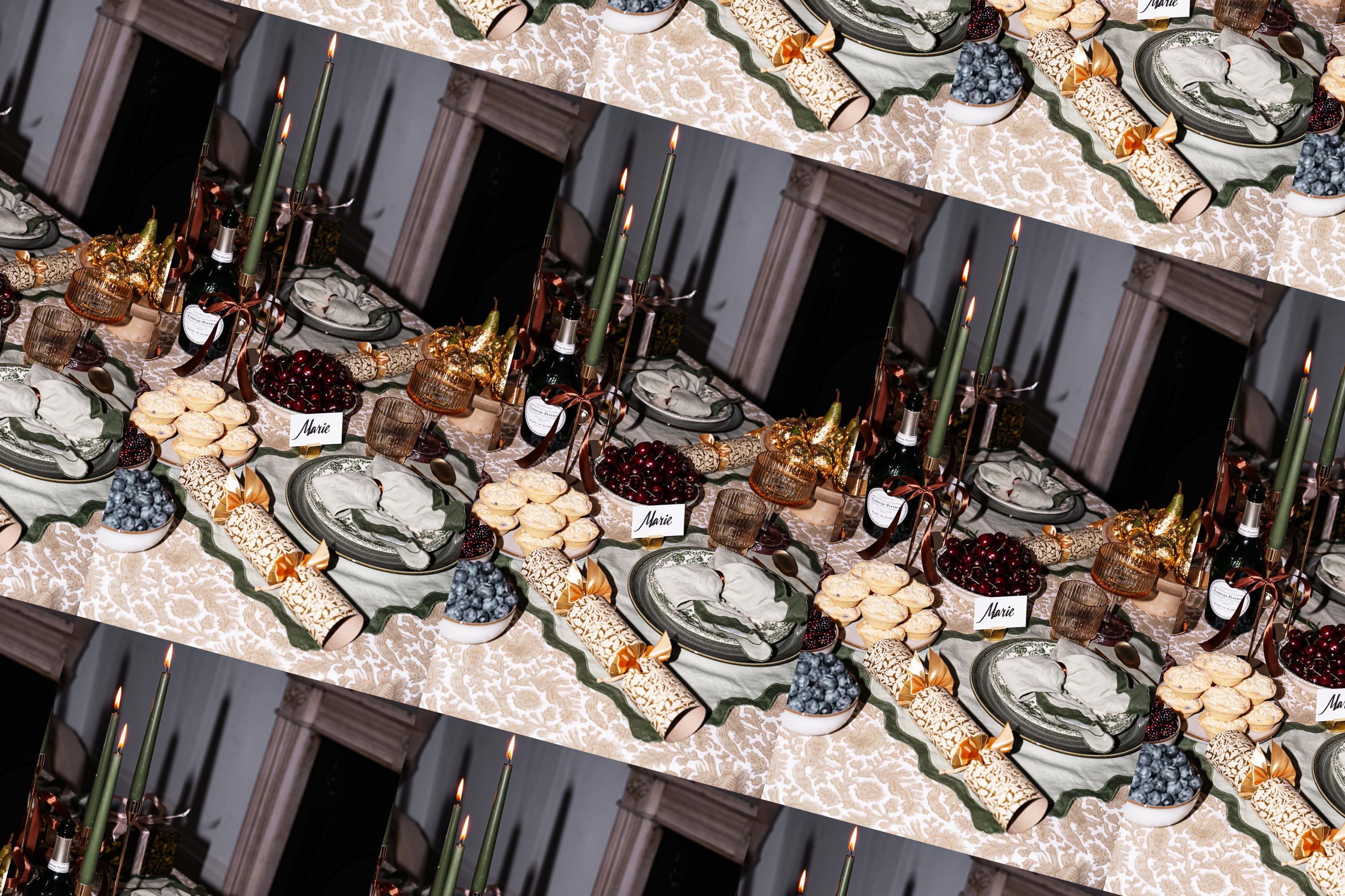 Candlelit Christmas table setting with mince pies and place cards at the 34 Bloomsbury calligraphy event